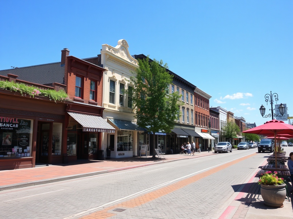 Victoriaville downtown street with small boutiques, Quebec charm, relaxed afternoon vibe