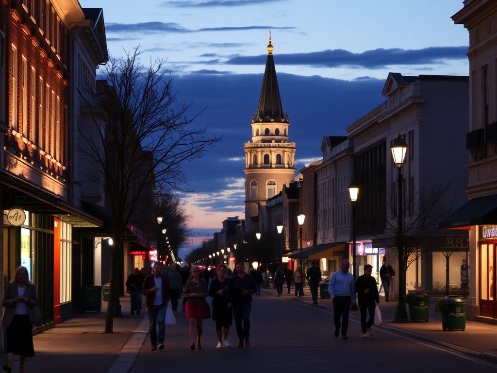 Victoriaville evening street, soft lights, calm nightlife, people walking and chatting