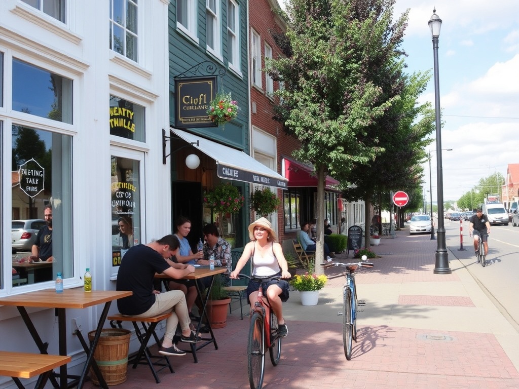 Victoriaville lifestyle scene, biking, cafes, relaxed Quebec small town atmosphere