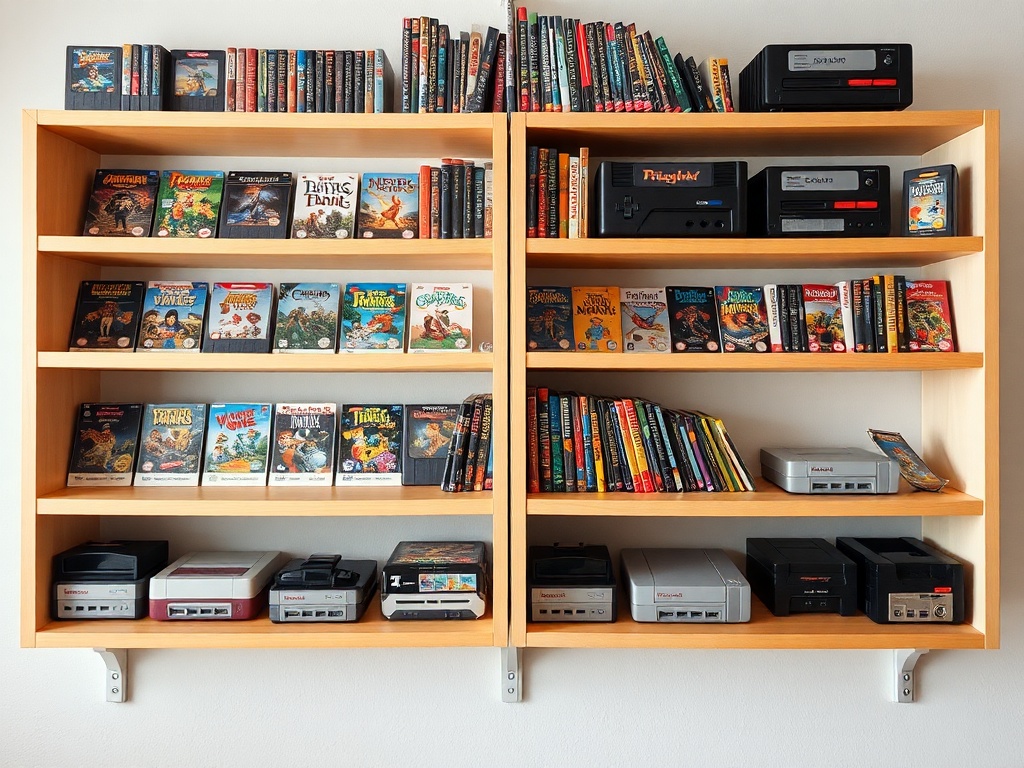 Shelves displaying vintage game cartridges and consoles