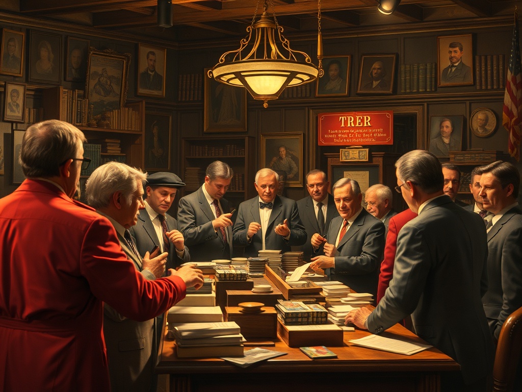 Vintage game auction scene with bidders