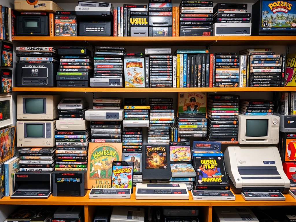 Vintage game collection with consoles, cartridges, and collectibles on display