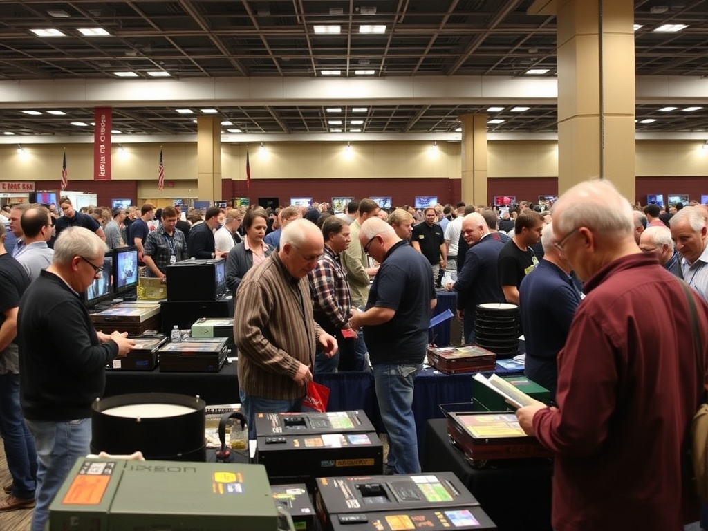 Vintage game collectors networking at a convention