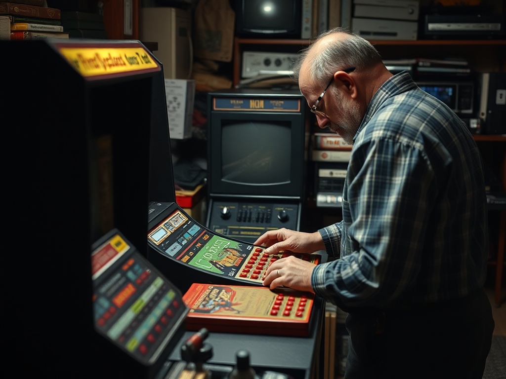 Vintage games being inspected by a collector