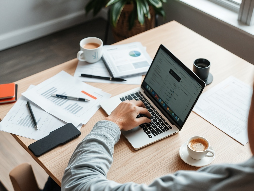 A person sitting at a desk with a laptop, notes, and coffee, working on a busy project. The atmosphere is productive and focused.