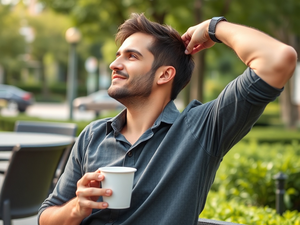 A person taking a short break, enjoying a cup of coffee and stretching.