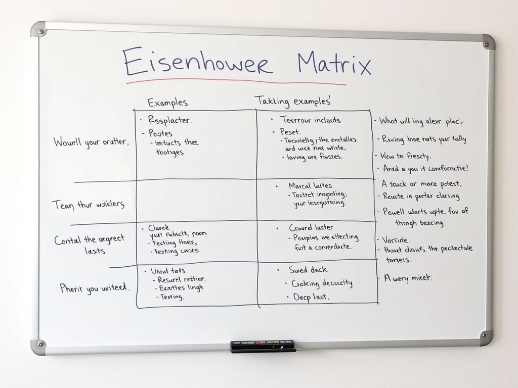 A whiteboard showing the Eisenhower Matrix with task examples.