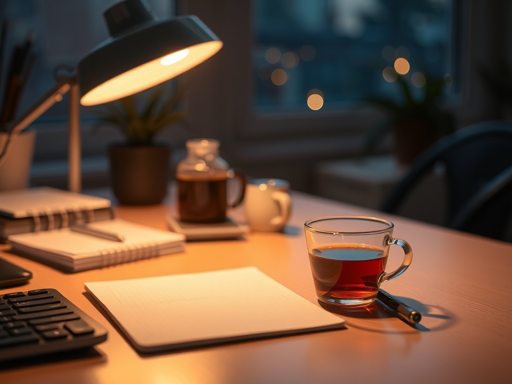 a warm softly lit evening scene with a tidy desk, notebook, tea, and ambient lighting creating a calm reset atmosphere