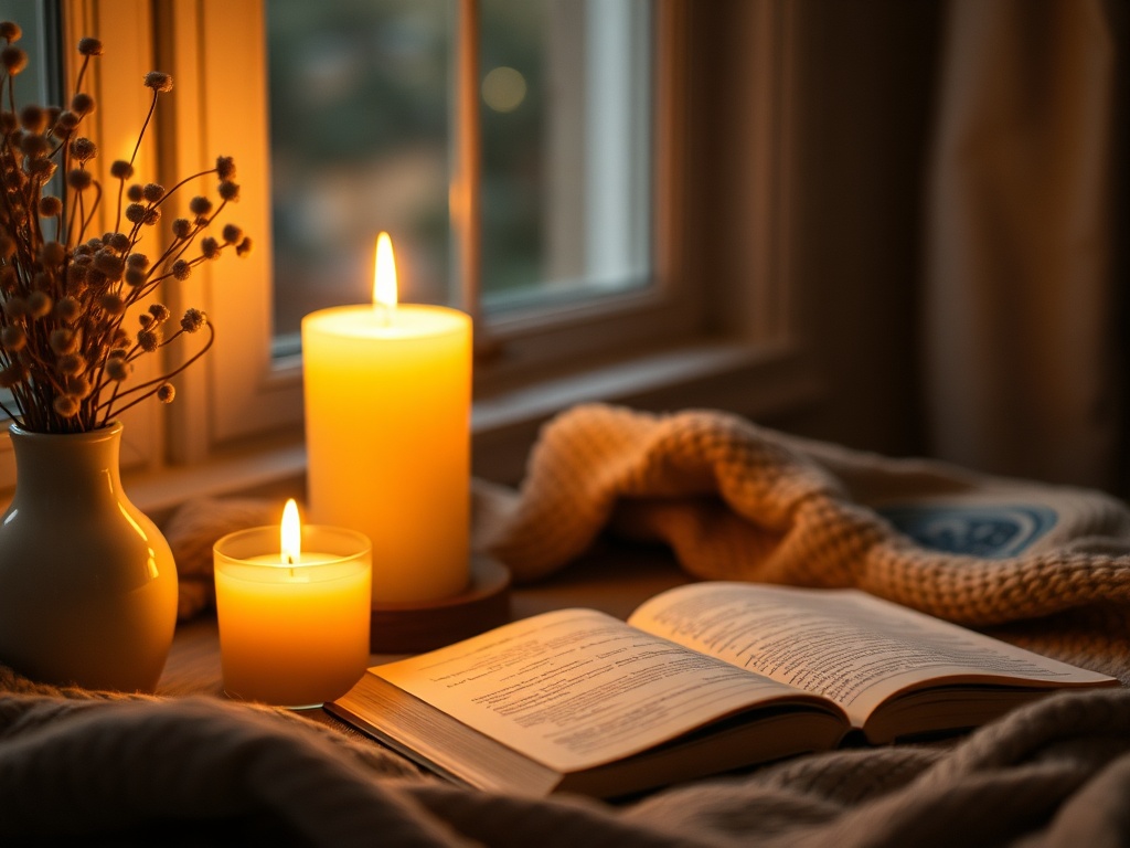 cozy evening routine with candlelight, journal, and calm environment showing consistency