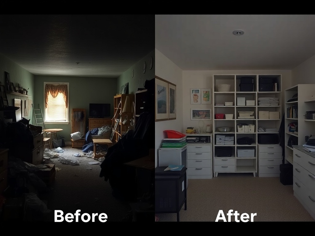 dimly lit messy room contrasted with a clean organized space, symbolic before and after