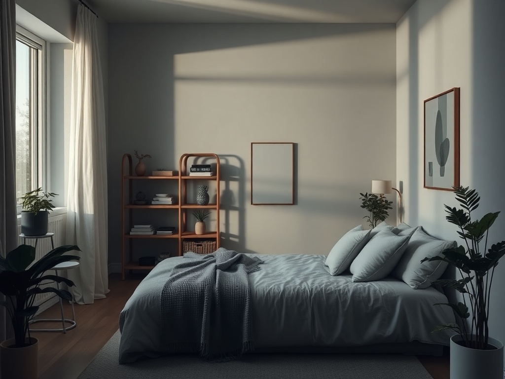 minimalist home interior being gently organized at night, soft shadows, calming neutral tones