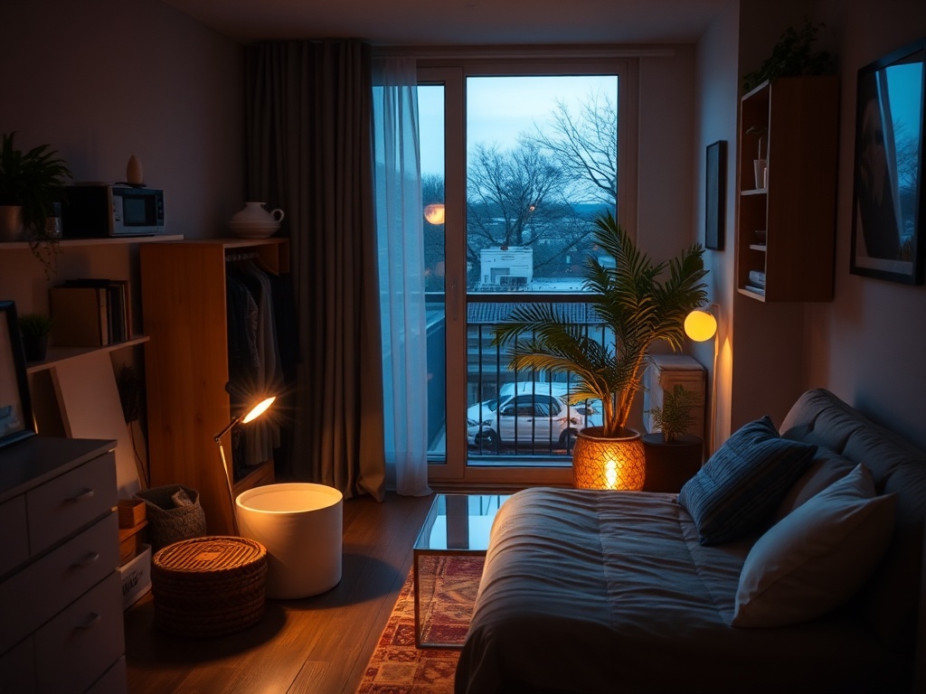person calmly tidying a small apartment in the evening with warm lighting, relaxed focused mood