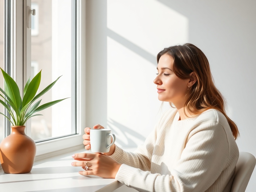 person enjoying a calm morning coffee in a clean bright space, relaxed and focused mood