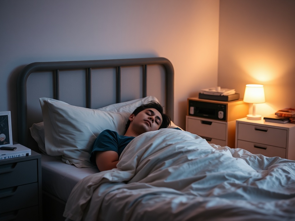 person peacefully sleeping in a calm, decluttered bedroom with soft lighting
