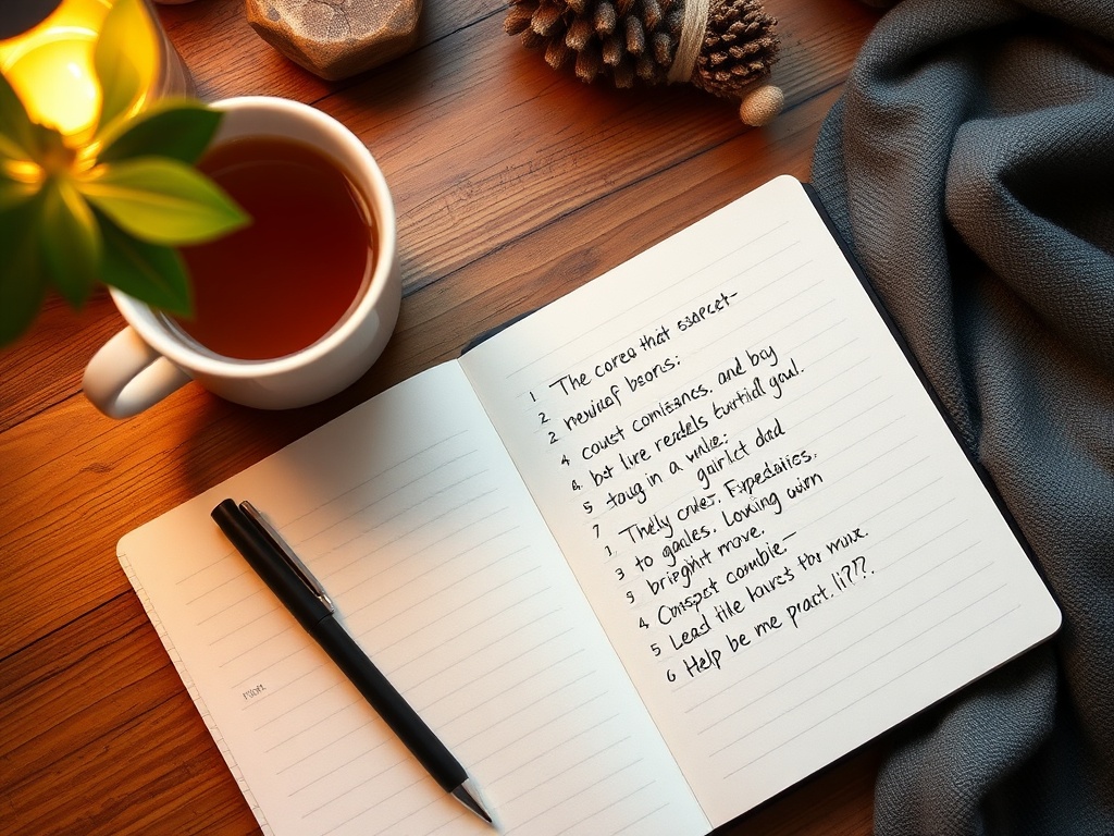 simple notebook with handwritten list beside a cup of tea, cozy evening workspace