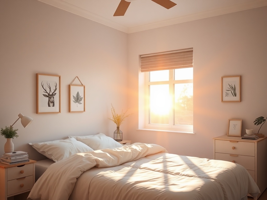 sunrise light entering a clean bedroom with neatly arranged items creating a peaceful start