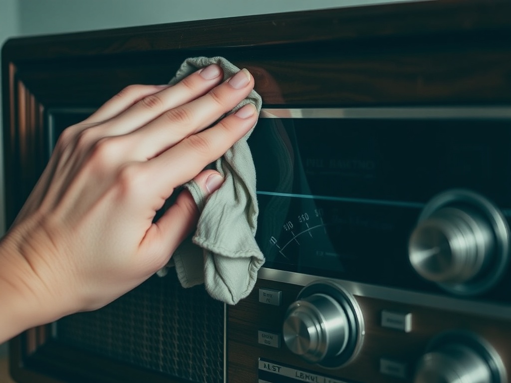 A close-up of a person gently dusting a vintage radio with a soft cloth, ensuring delicate care of the wooden surface and intricate dial details.
