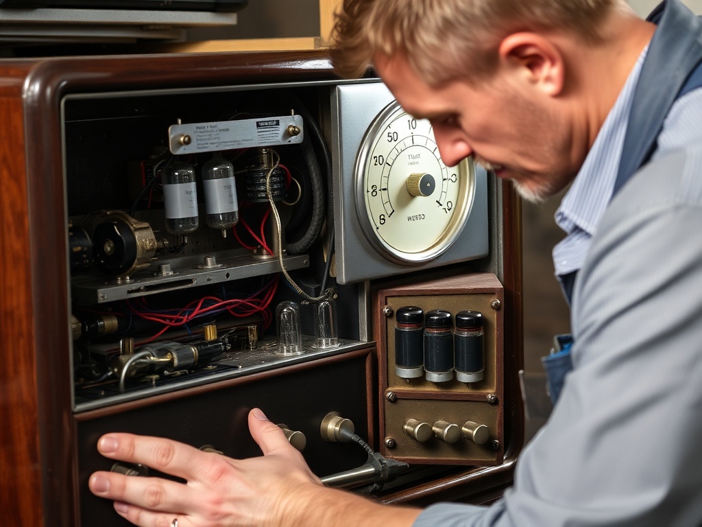 A professional technician carefully inspecting the internal components of a vintage radio, checking the tubes and wiring for maintenance.