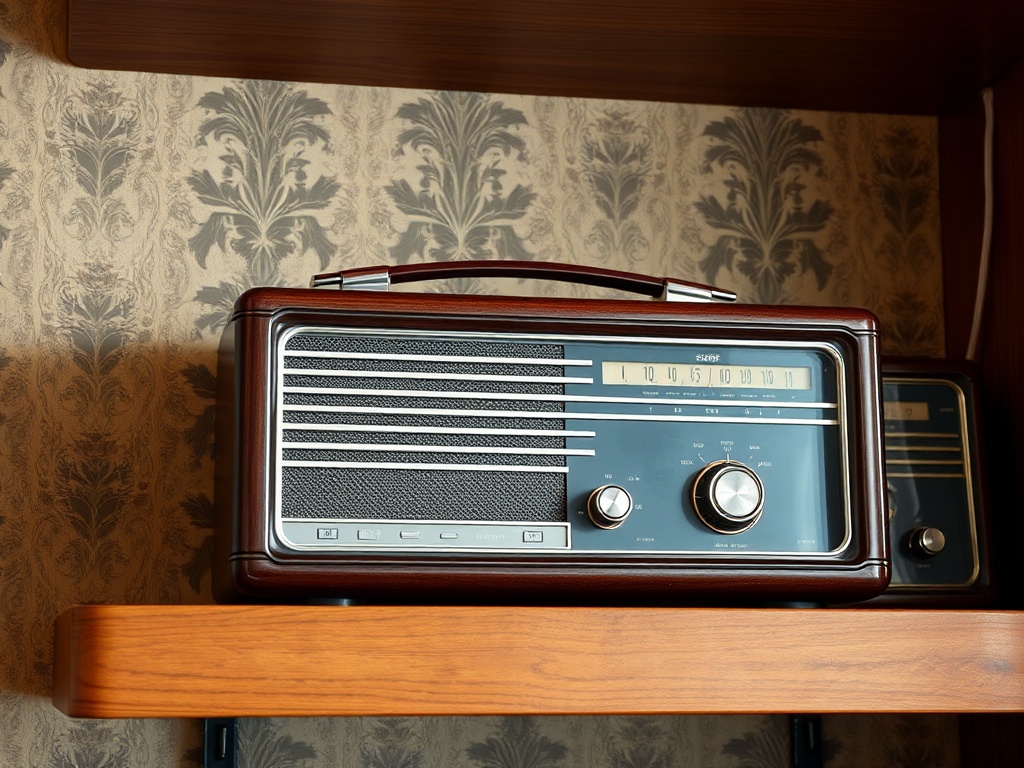 A vintage radio carefully displayed on a polished wooden shelf, with soft lighting accentuating its old-school charm. Background hints of retro-themed decor. Vintage radio resting against a classic wallpaper with warm tones.