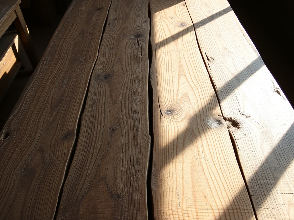 aged wooden table with patina, sunlight, natural wear, timeless atmosphere