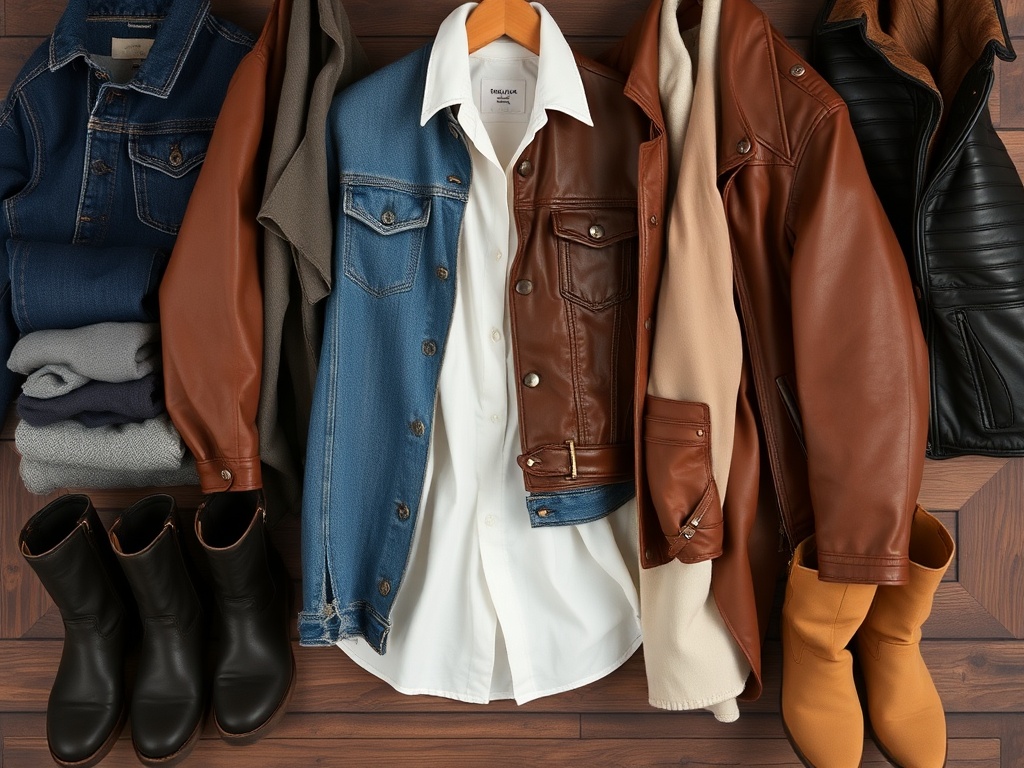 classic wardrobe with denim, leather jacket, white shirt, boots, neutral tones, vintage aesthetic
