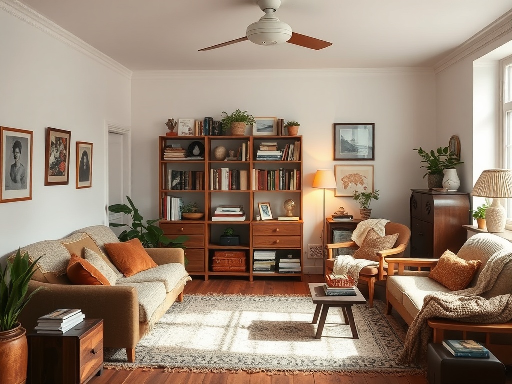 cozy vintage apartment with layered textiles, wooden furniture, warm lighting, books, and subtle modern decor