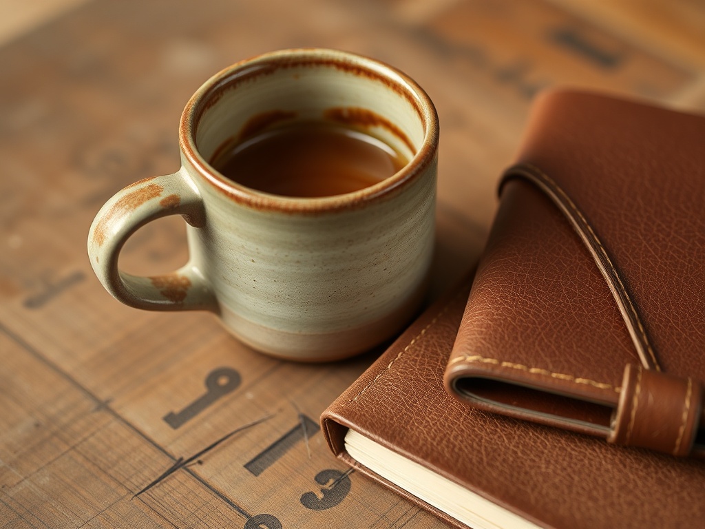 handmade ceramic mug, worn leather notebook, craftsmanship details close-up, warm tones