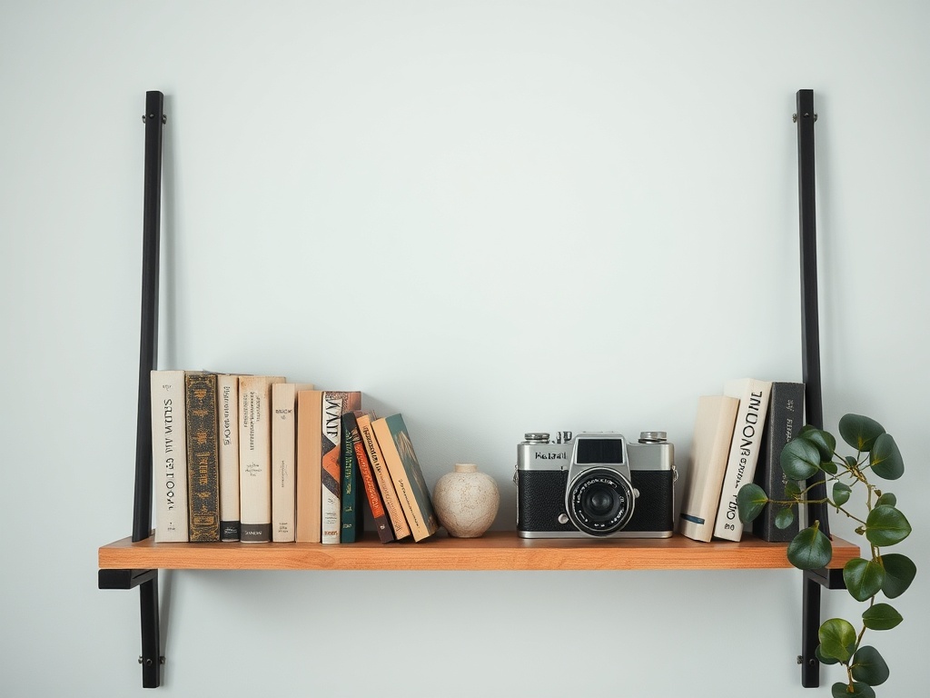 minimal vintage shelf with carefully chosen objects, books, camera, plant, clean composition