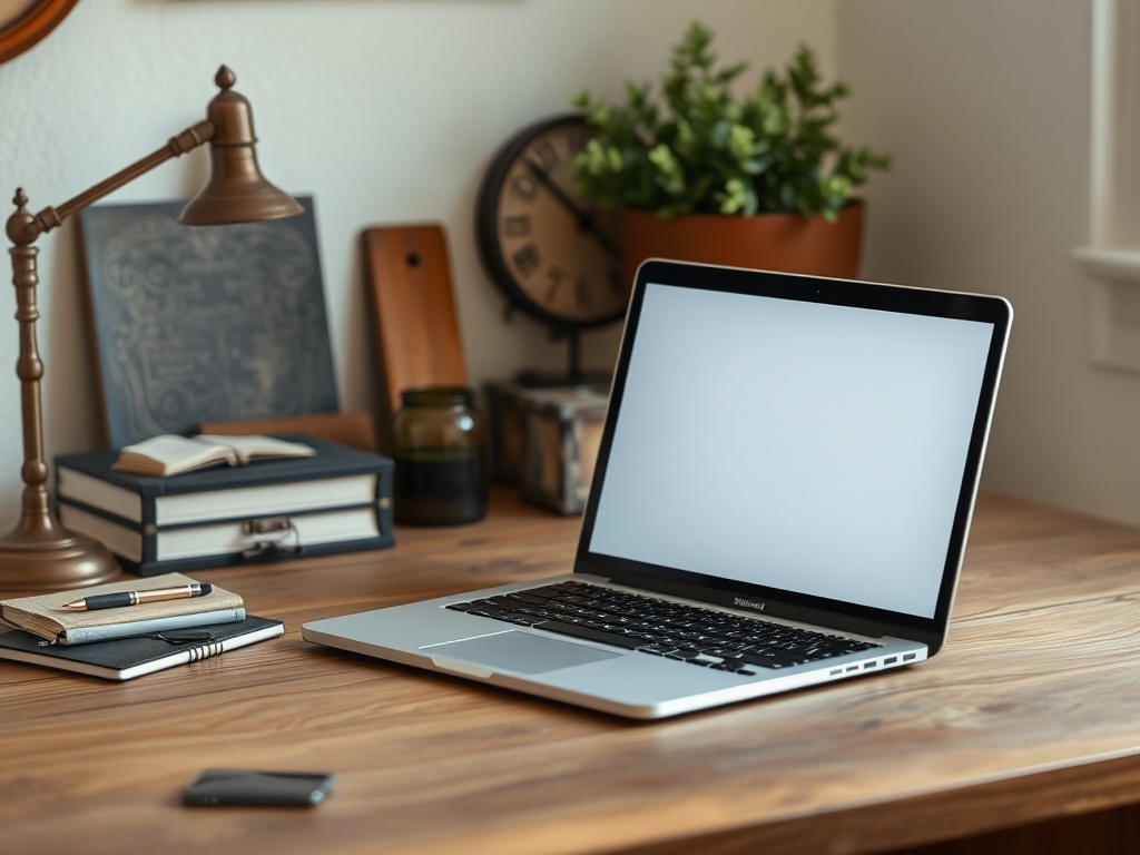 modern laptop on wooden desk with vintage decor, balance of old and new aesthetic