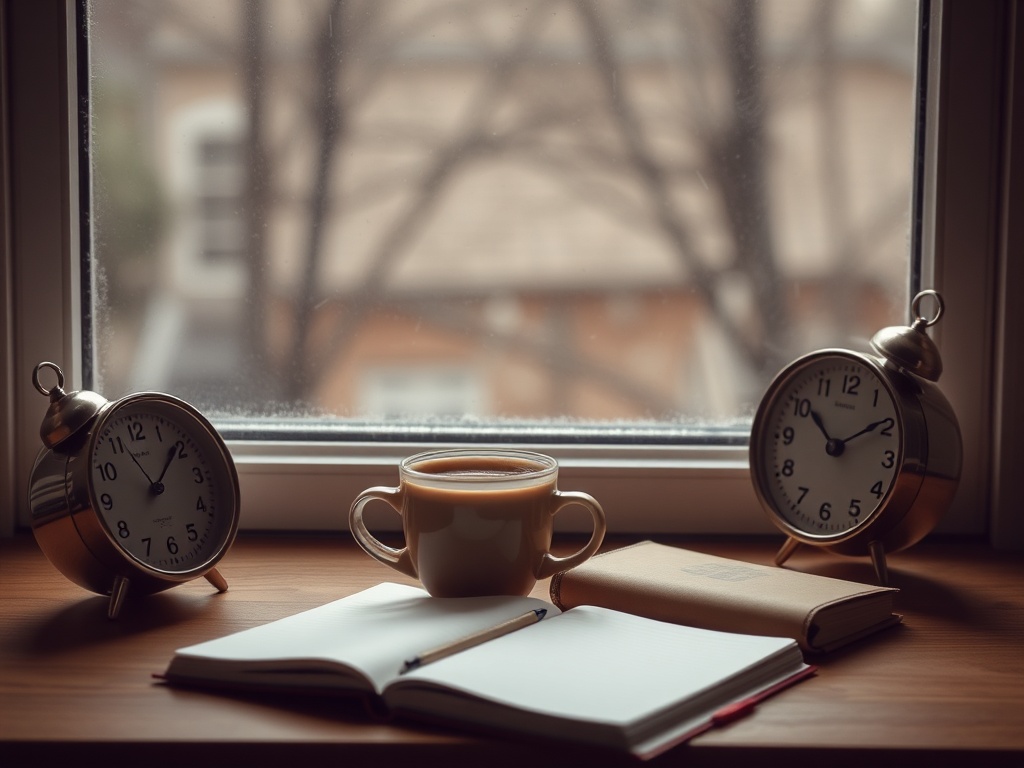 morning coffee ritual by window, analog clock, notebook, calm vintage lifestyle mood
