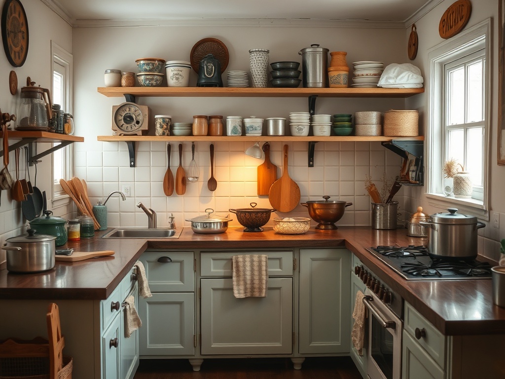 organized vintage kitchen workspace, practical layout, cooking tools, warm lighting