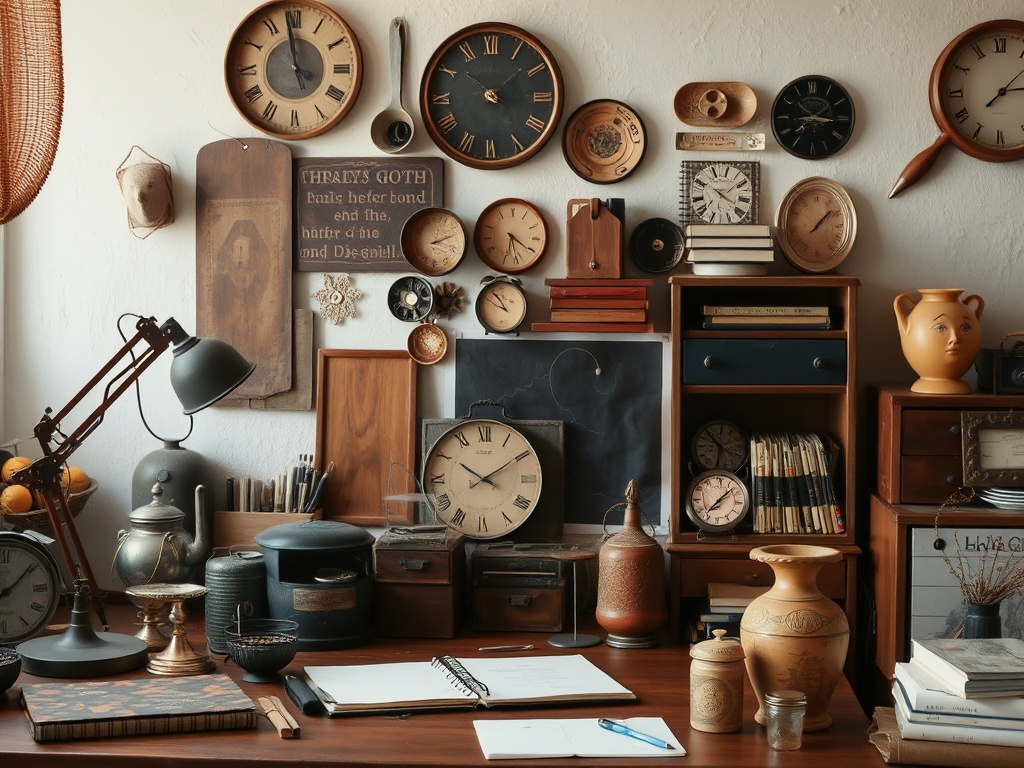 person arranging vintage items, personal style workspace, creative process, warm tones