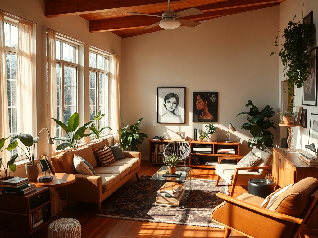 sunlit mid-century living room with warm tones, vinyl records, plants, and modern touches
