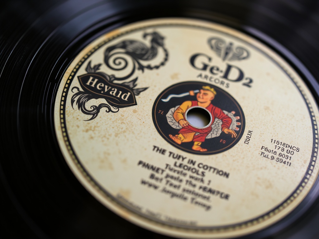 a close-up of a record label on a vinyl record showing intricate details