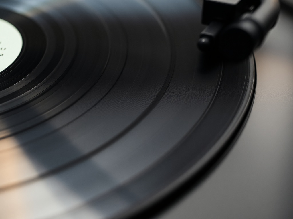 a close-up of a vinyl record spinning on a turntable, with a focus on the grooves
