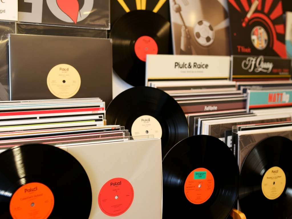 a collection of various vinyl records displayed on a shelf, colorful labels visible