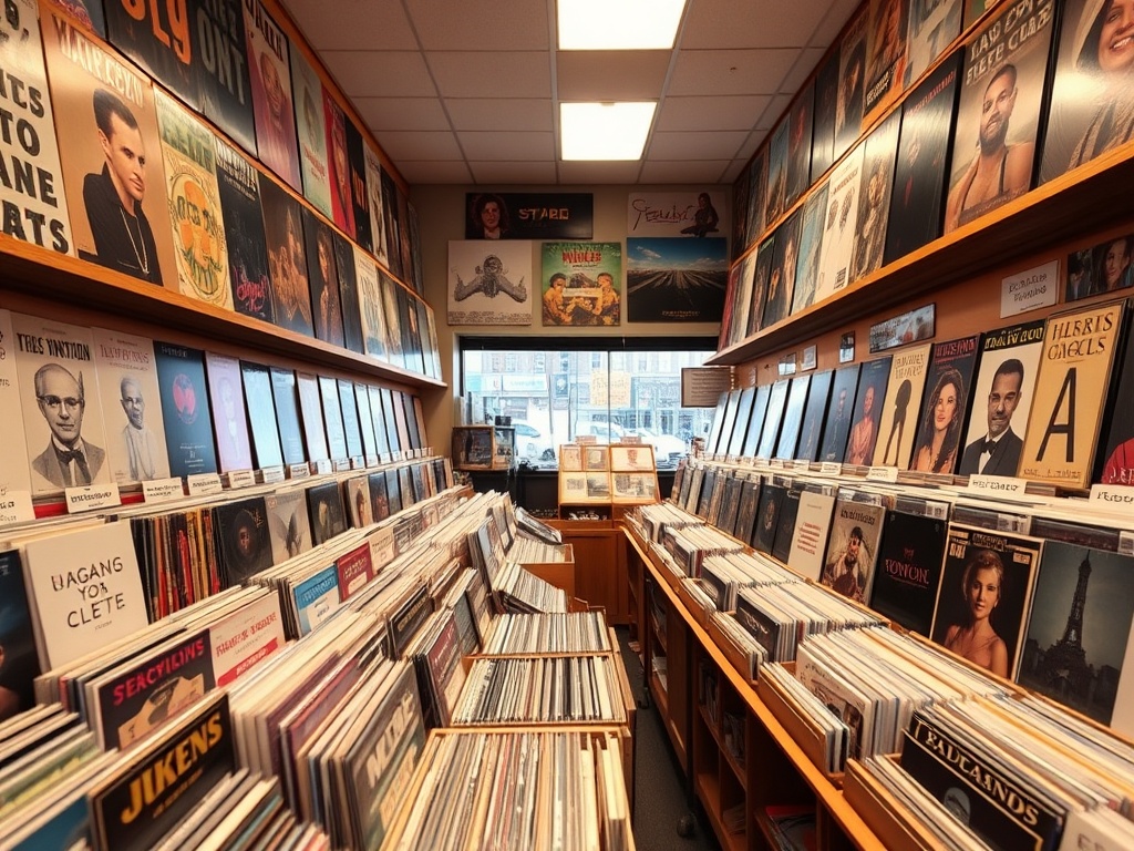 inside a record store, shelves filled with vinyl records from different genres