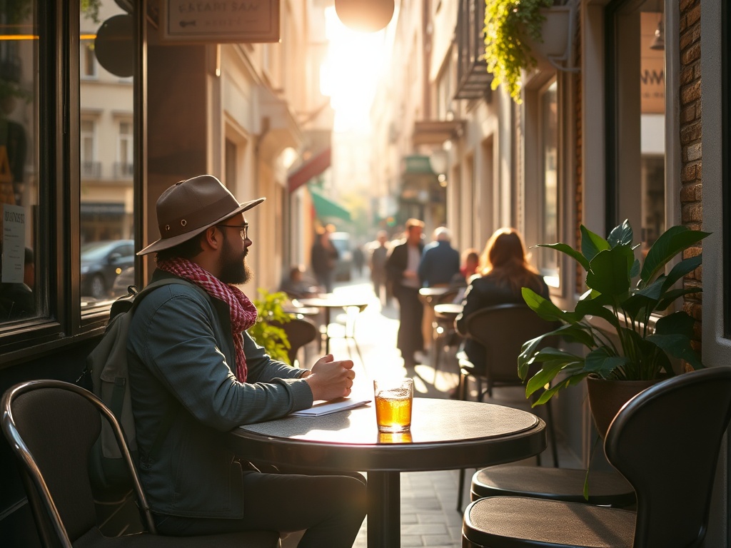 a traveler sitting at a small neighborhood cafe, morning light, locals chatting, authentic city vibe