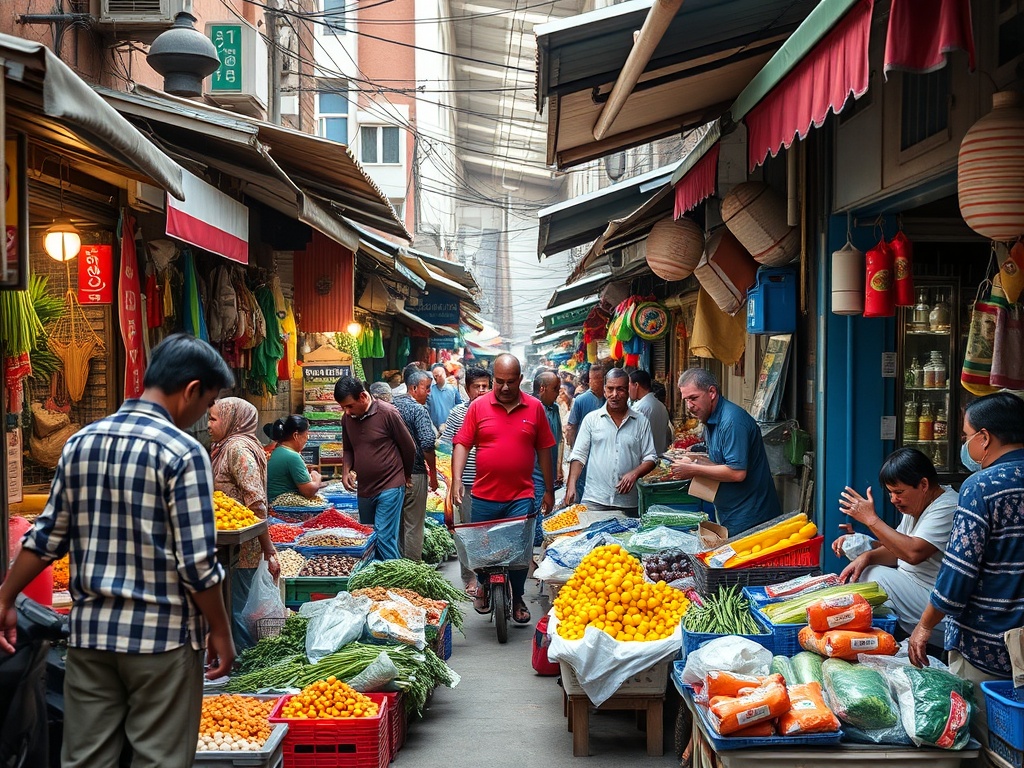 busy street market with recurring vendor interactions, vibrant colors, daily rhythm of locals