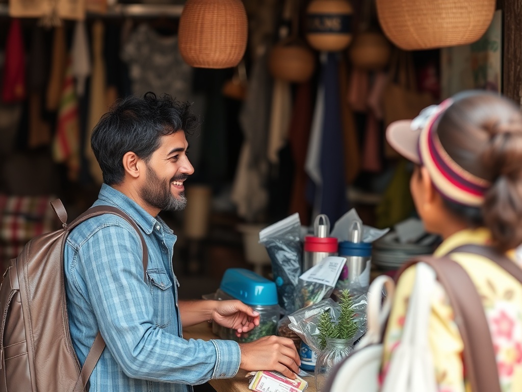 friendly exchange between traveler and local vendor, subtle recognition, authentic moment