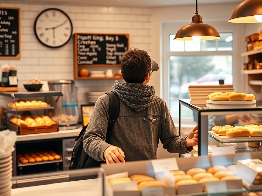 small local bakery counter with pastries, traveler returning daily greeted by staff, warm lighting