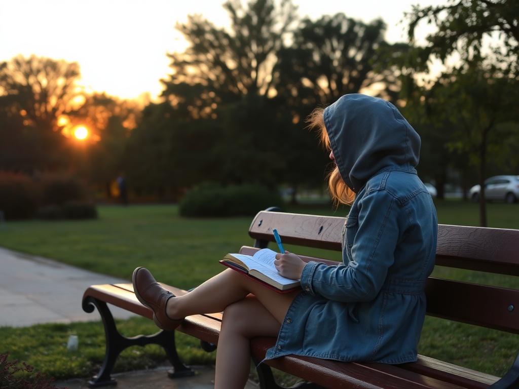 traveler journaling in a park bench at sunset, repeated visits, peaceful mood, evolving familiarity