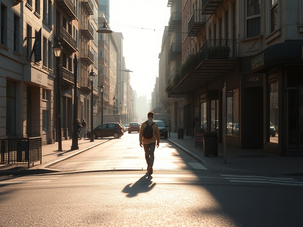 urban morning routine, person walking same street daily, subtle changes in light and mood across days