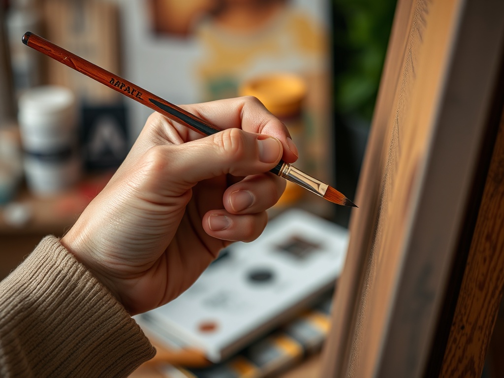 A close-up of a painter's hand holding a paintbrush, delicately adding detail to a canvas, with the workspace in the background.