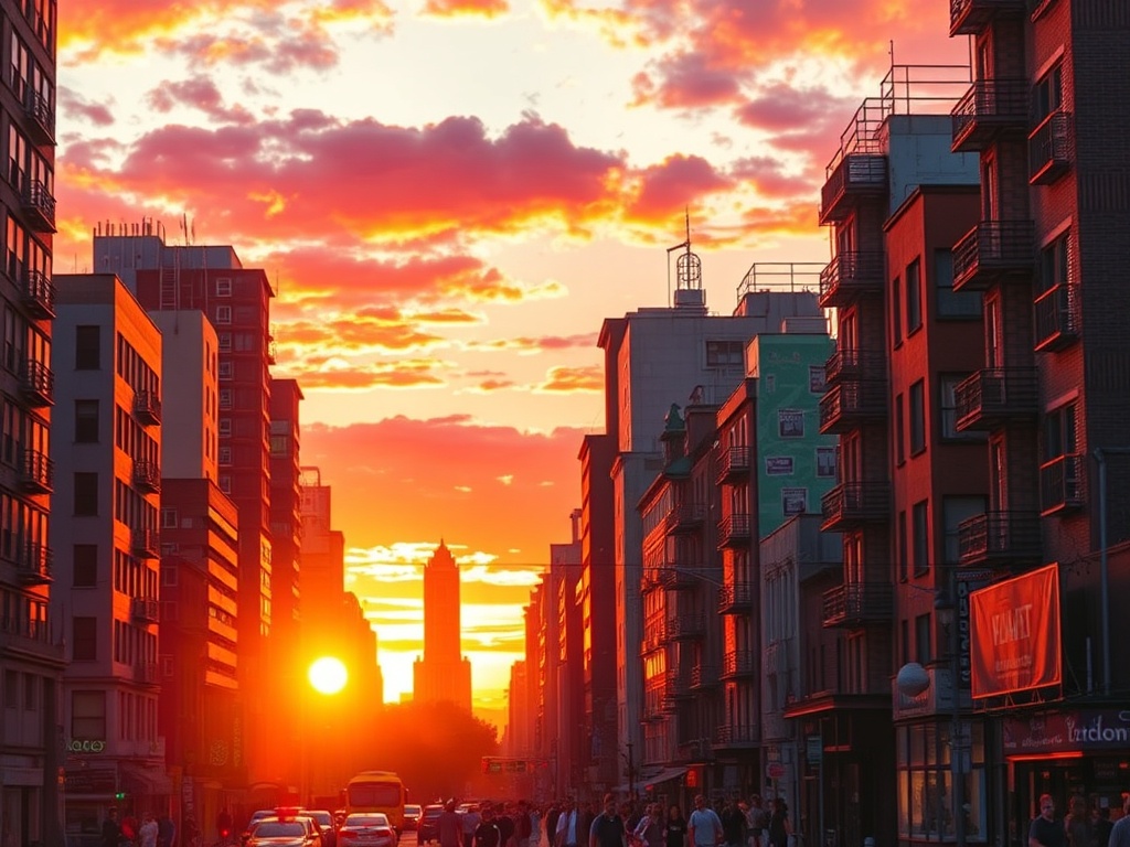 A vibrant cityscape at sunset, with warm orange and pink hues reflecting off buildings and streets filled with activity, representing urban inspiration for art.