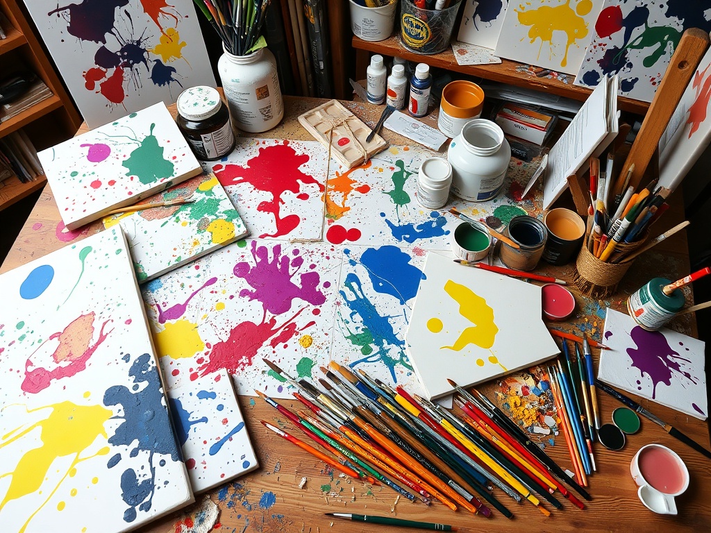 A vivid description of an artist's workspace, filled with colorful paint splashes, brushes, and canvases strewn across a wooden table.
