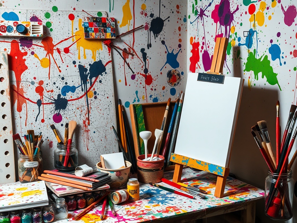 a colorful and chaotic paint-splattered workspace with scattered brushes and empty canvases