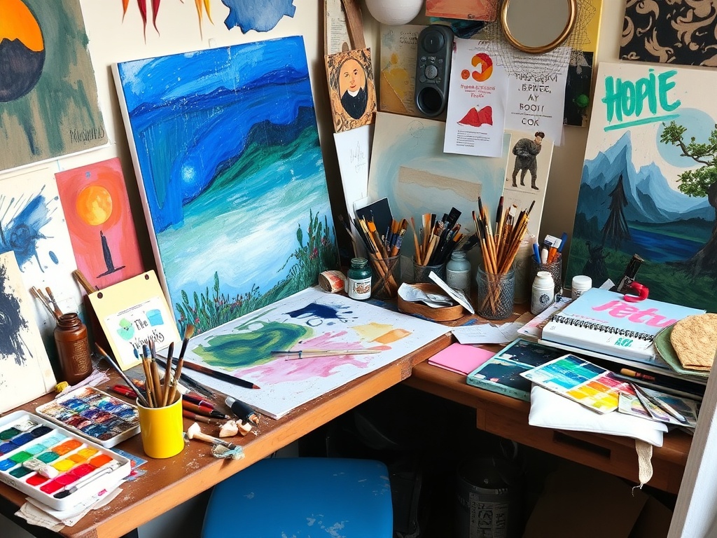 a messy yet inspiring art desk with partially finished paintings and a cup of paintbrushes