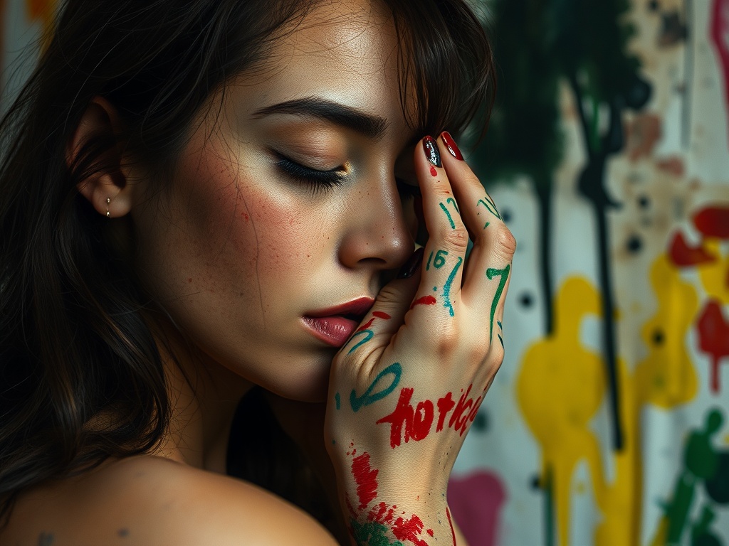 an artist reflecting deeply, lost in thought, with paint-covered hands