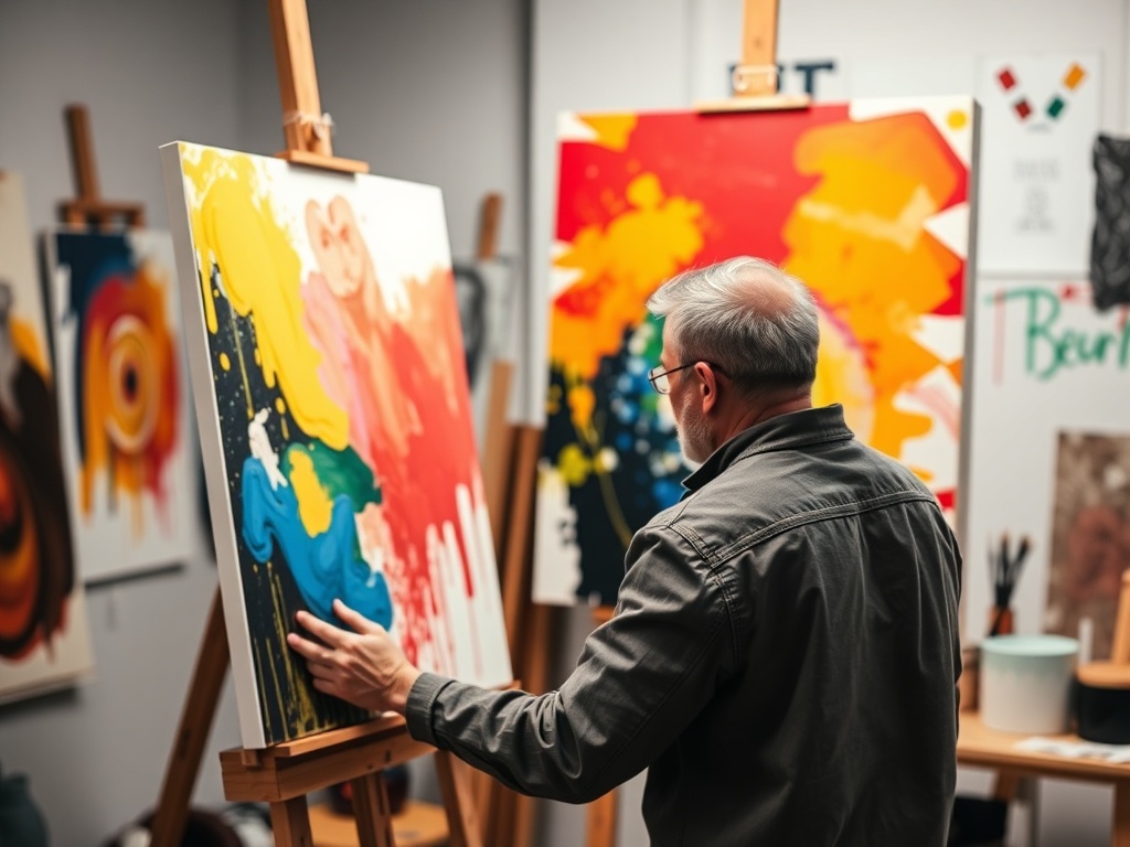 artist in studio, focused on canvas with bright colors